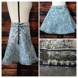 Monarda Mini 80s Jean Skirt Large Acid Wash High Waist Flare Zip Denim Stretch